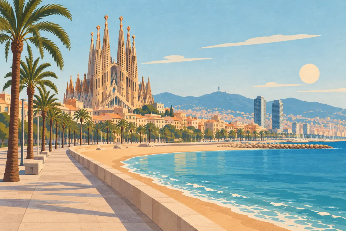Ilustracja wież Sagrada Família, palm i nadmorskiej promenady w Barcelonie