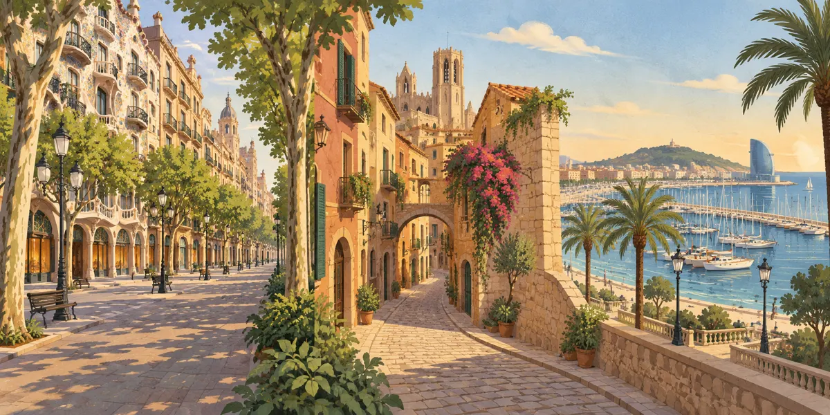 Ilustracja centrum Barcelony z modernistycznymi kamienicami, uliczkami starego miasta i portem.