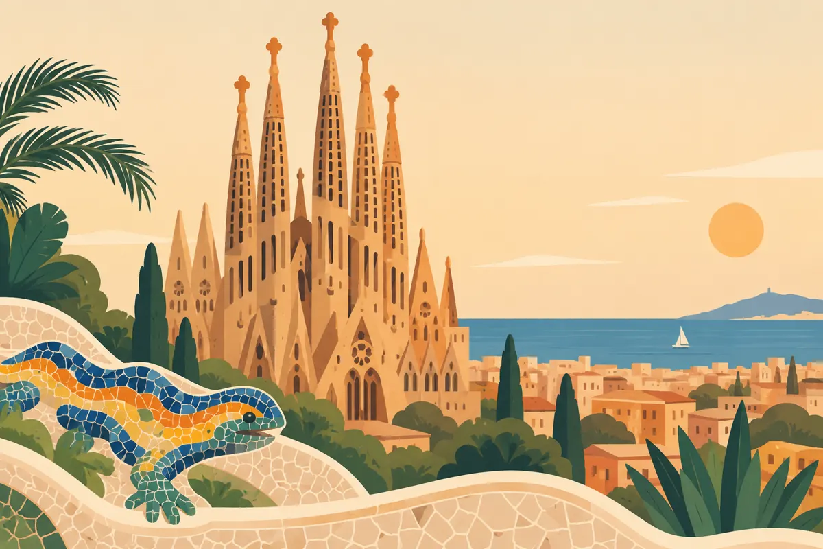 Ilustracja symboli Barcelony z Sagradą Famílią, mozaikową salamandrą i morzem.