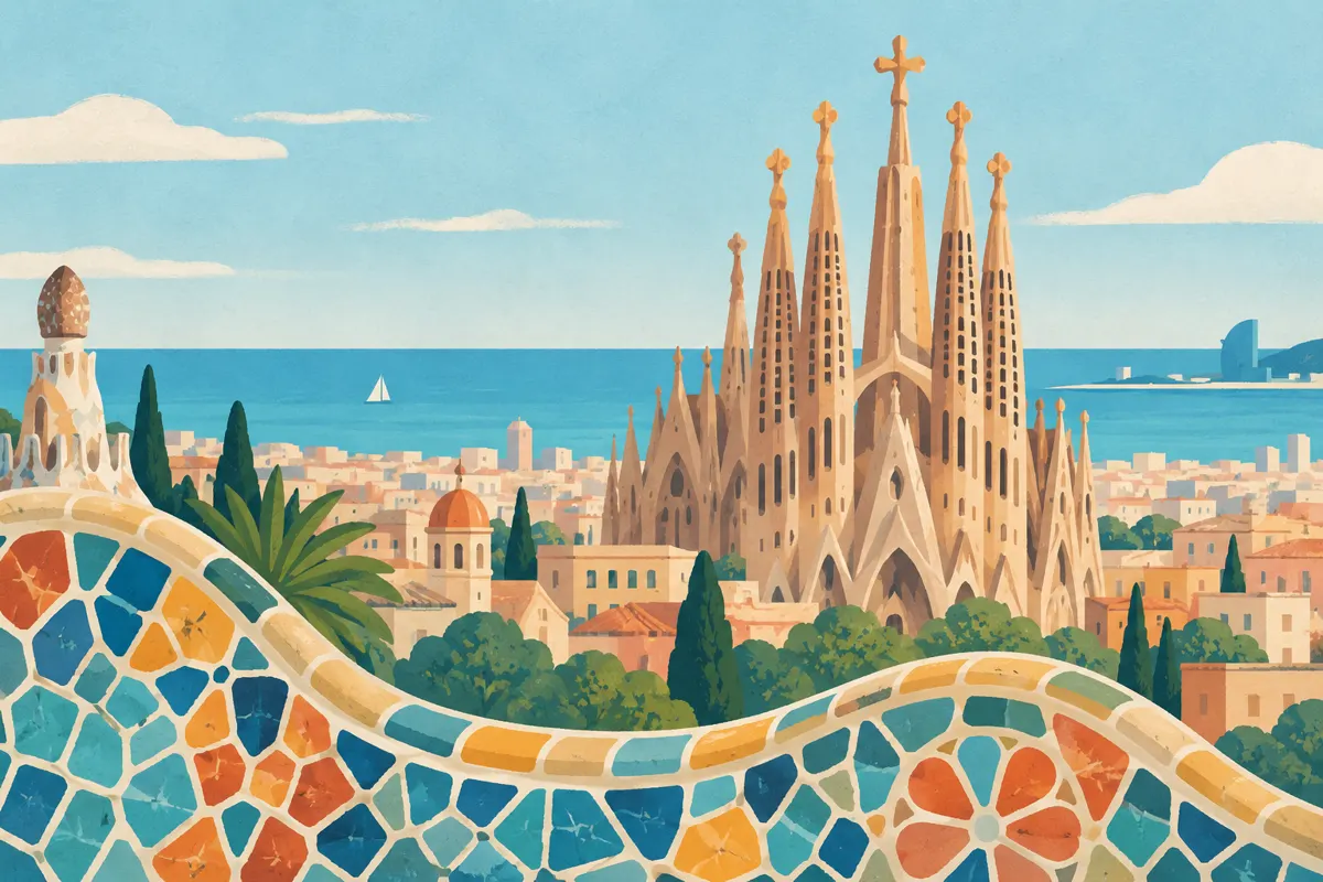 Ilustracja Barcelony z wieżami Sagrada Família, kolorową mozaiką i morzem