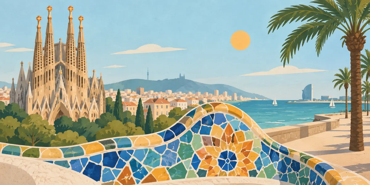 Ilustracja Barcelony z Sagradą Famílią, kolorową mozaiką i morzem.