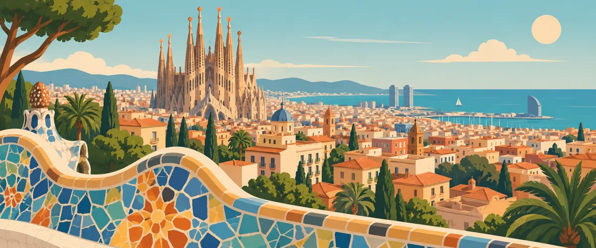 Ilustracja Barcelony z Sagrada Família, kolorową mozaiką i morzem.