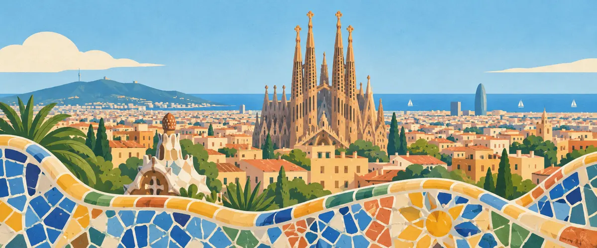 Ilustracja Barcelony z wieżami Sagrady Famílii, kolorową mozaiką i morzem
