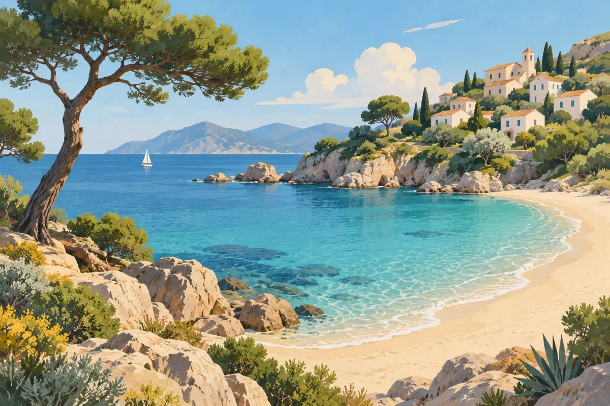 Ilustracja zatoki na śródziemnomorskim wybrzeżu z plażą, sosnami i nadmorskim miasteczkiem.