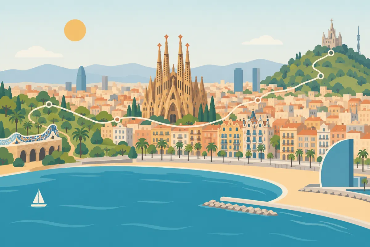 Schematyczna ilustracja atrakcji Barcelony połączonych trasą zwiedzania