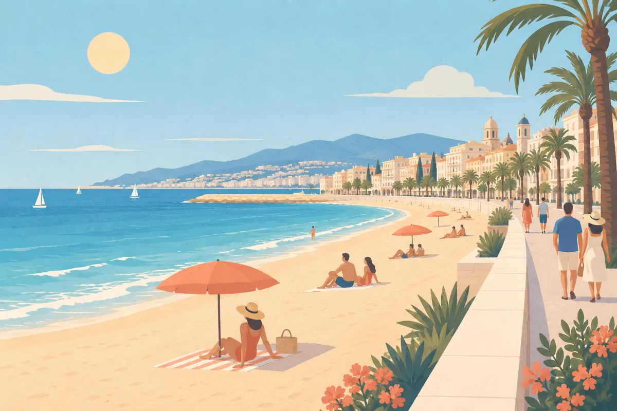 Ilustracja miejskiej plaży z piaskiem, morzem i promenadą.