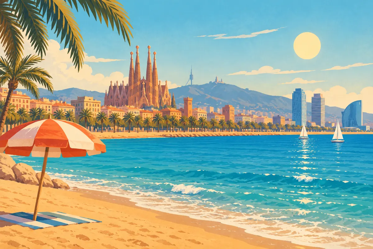 Ilustracja Barcelony latem z Sagradą Famílią, plażą i morzem