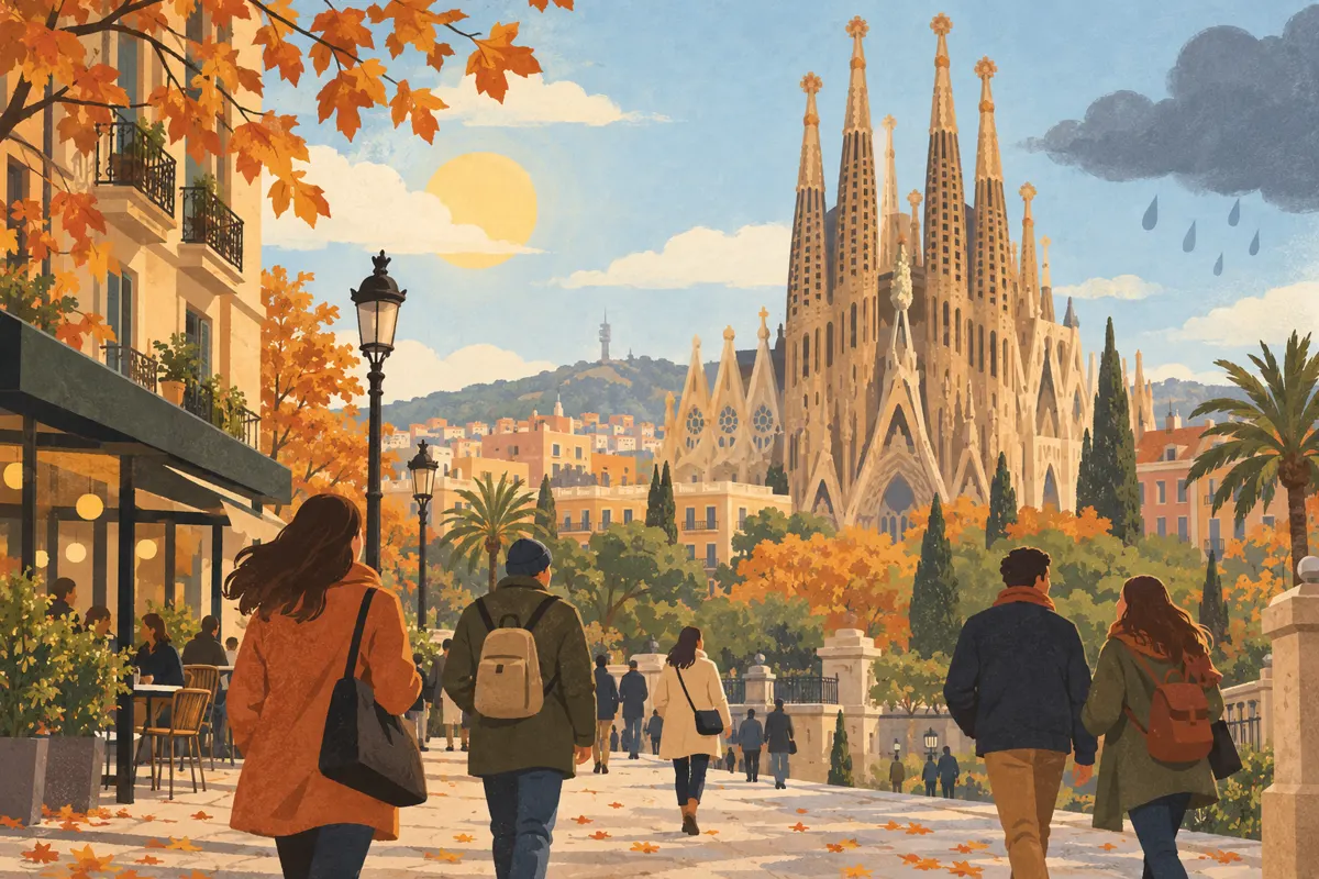 Ilustracja Barcelony jesienią ze spacerowiczami i zmienną pogodą