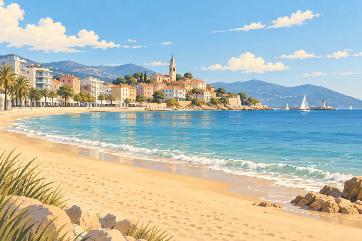 Ilustracja plaży i nadmorskiej zabudowy Barcelony w ciepły wrześniowy dzień