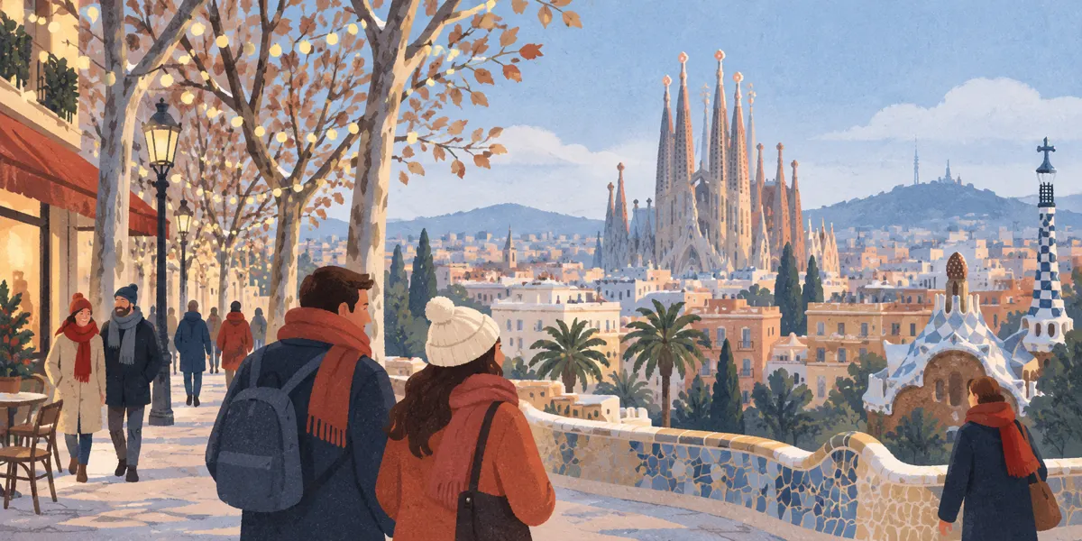 Ilustracja Barcelony w grudniu z Sagradą Famílią i świątecznymi lampkami