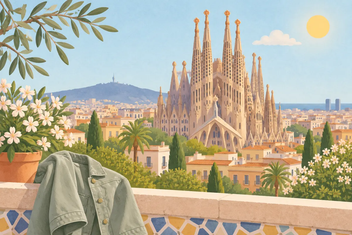 Ilustracja Barcelony w kwietniu z wiosennym słońcem, chmurą i lekką kurtką.
