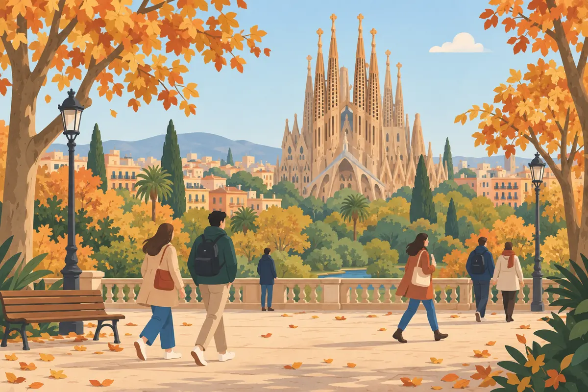 Ilustracja listopadowej Barcelony z Sagradą Famílią i spacerowiczami w jesiennych ubraniach.