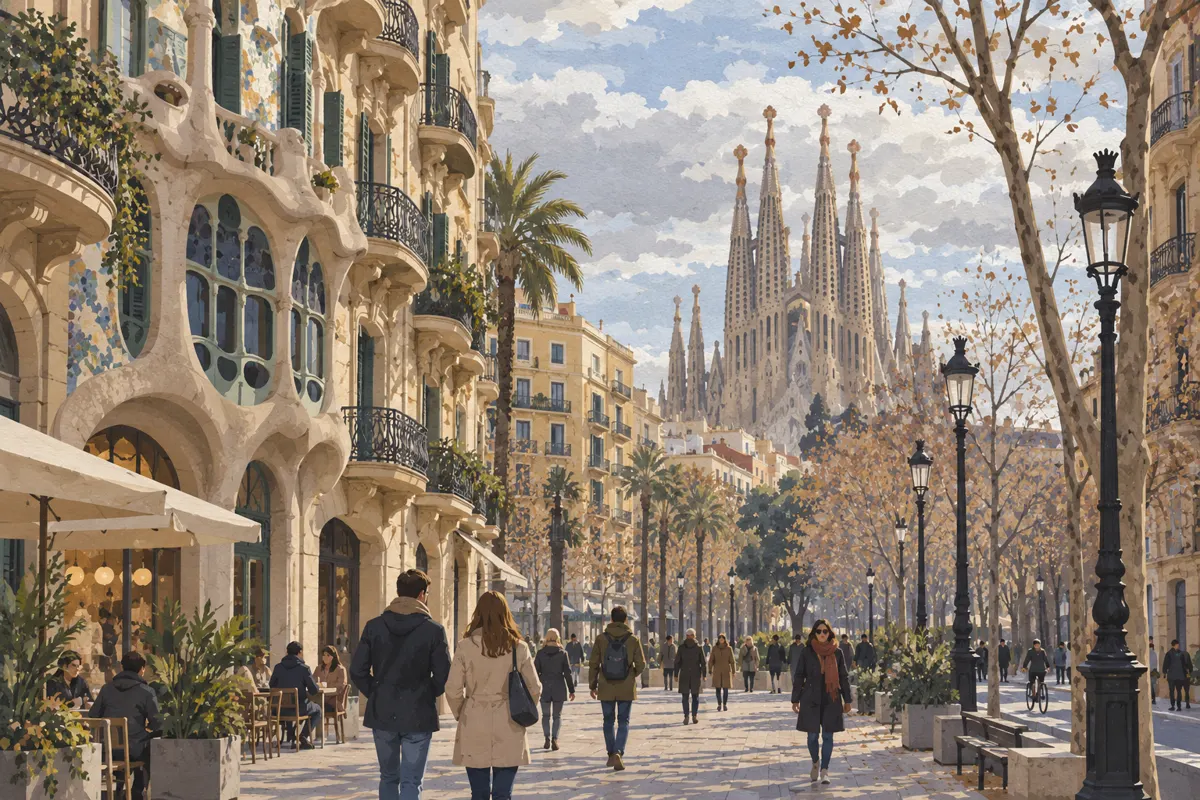 Ilustracja Barcelony zimą ze spacerowiczami w kurtkach i Sagradą Famílią w tle