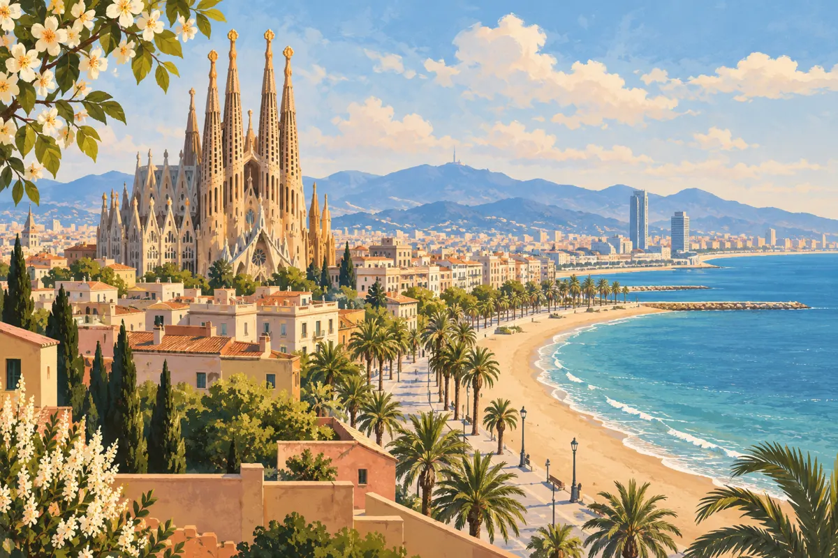 Ilustracja Barcelony w maju z Sagradą Famílią, promenadą i morzem.