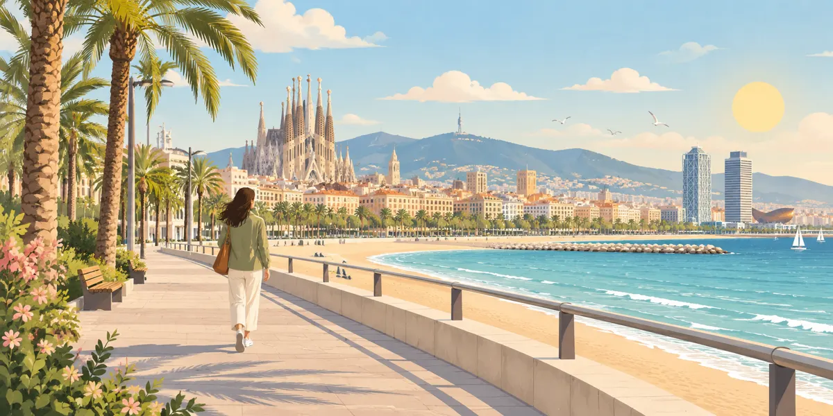 Ilustracja Barcelony w marcu z Sagradą Famílią, morzem i postacią w lekkiej kurtce.