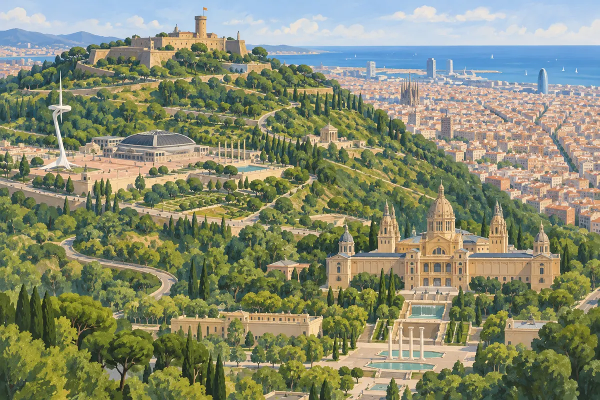 Ilustracja wzgórza Montjuïc w Barcelonie z zamkiem, ogrodami, obiektami olimpijskimi i MNAC.