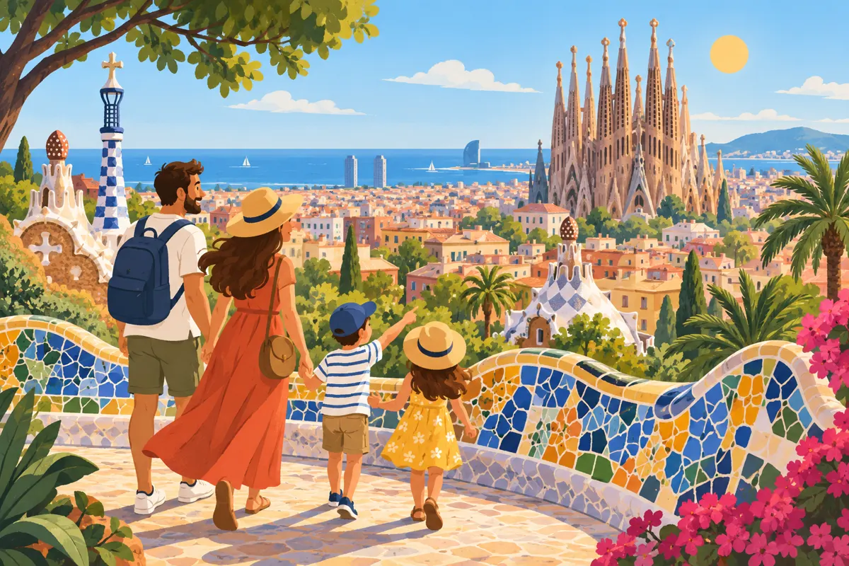 Ilustracja rodzinnego zwiedzania Barcelony z dziećmi.