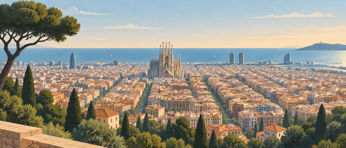 Ilustracja Barcelony z góry z zabudową miasta i morzem w tle