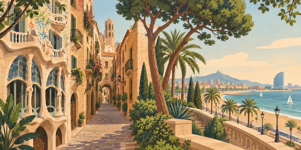 Ilustracja spaceru po Barcelonie od modernistycznych kamienic przez stare miasto do portu.