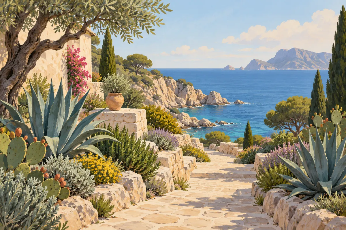 Ilustracja ogrodu nad skalistym wybrzeżem Costa Brava