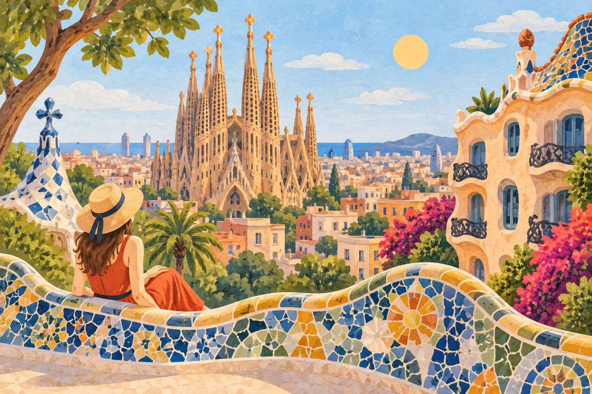 Ilustracja charakterystycznych form architektury Gaudíego w Barcelonie.
