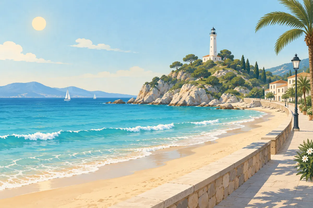 Ilustracja plaży, nadmorskiej promenady i latarni na wzgórzu.