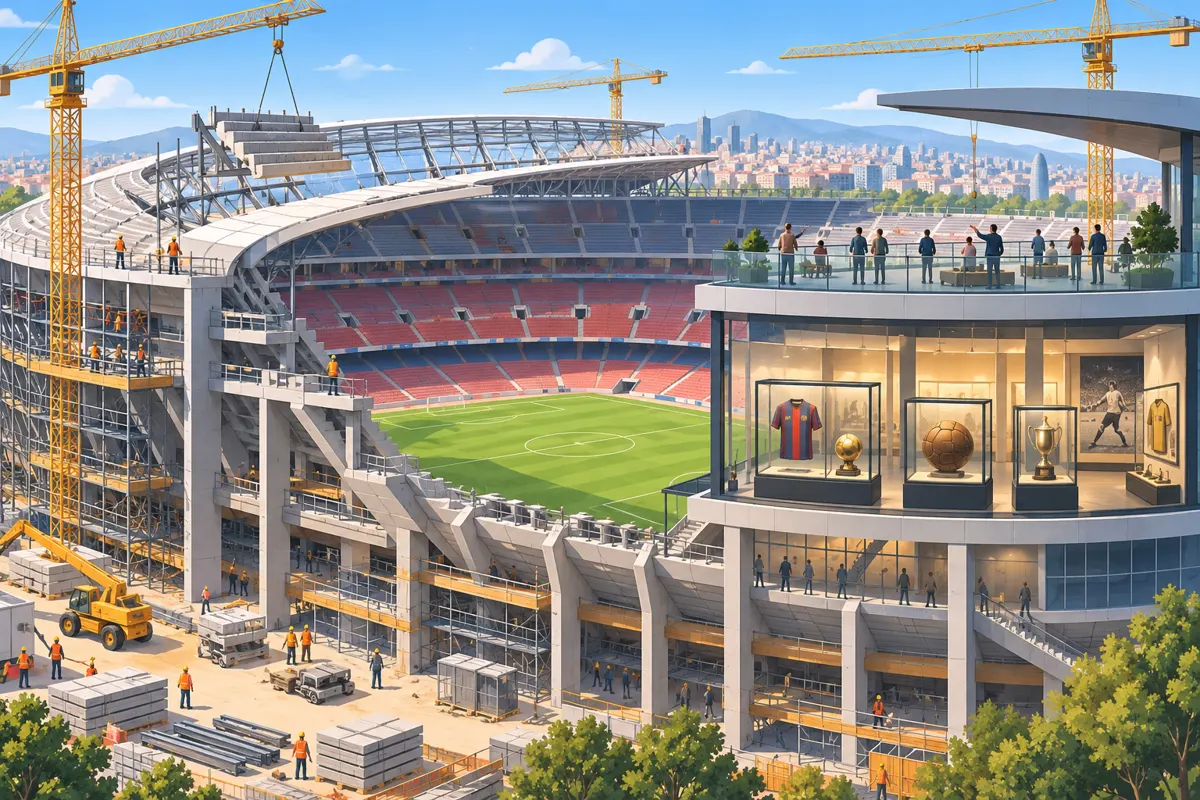 Ilustracja stadionu piłkarskiego podczas przebudowy z muzeum i punktem widokowym