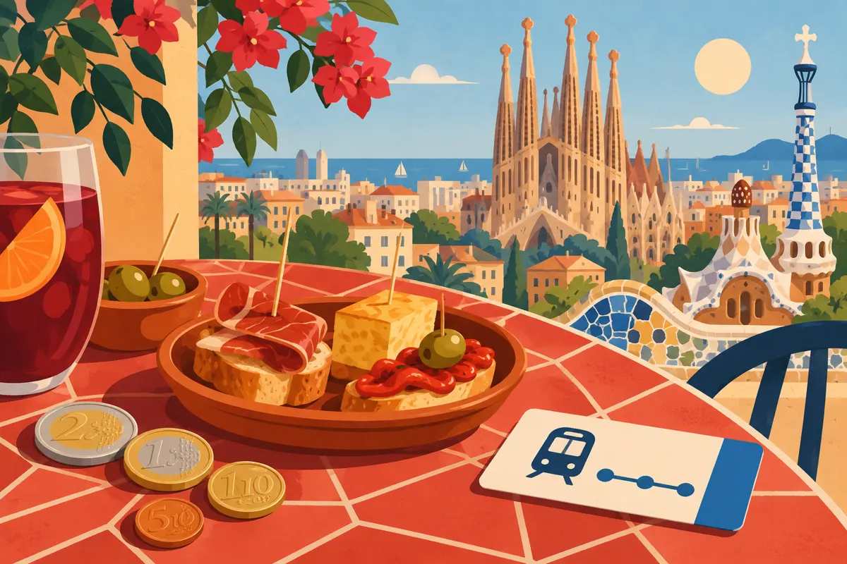 Ilustracja kosztów wyjazdu do Barcelony: euro, jedzenie, transport i atrakcje.