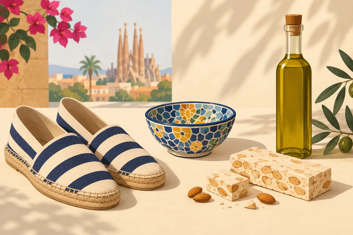 Ilustracja espadryli, ceramicznej miseczki, turrónu i oliwy jako pamiątek z Barcelony