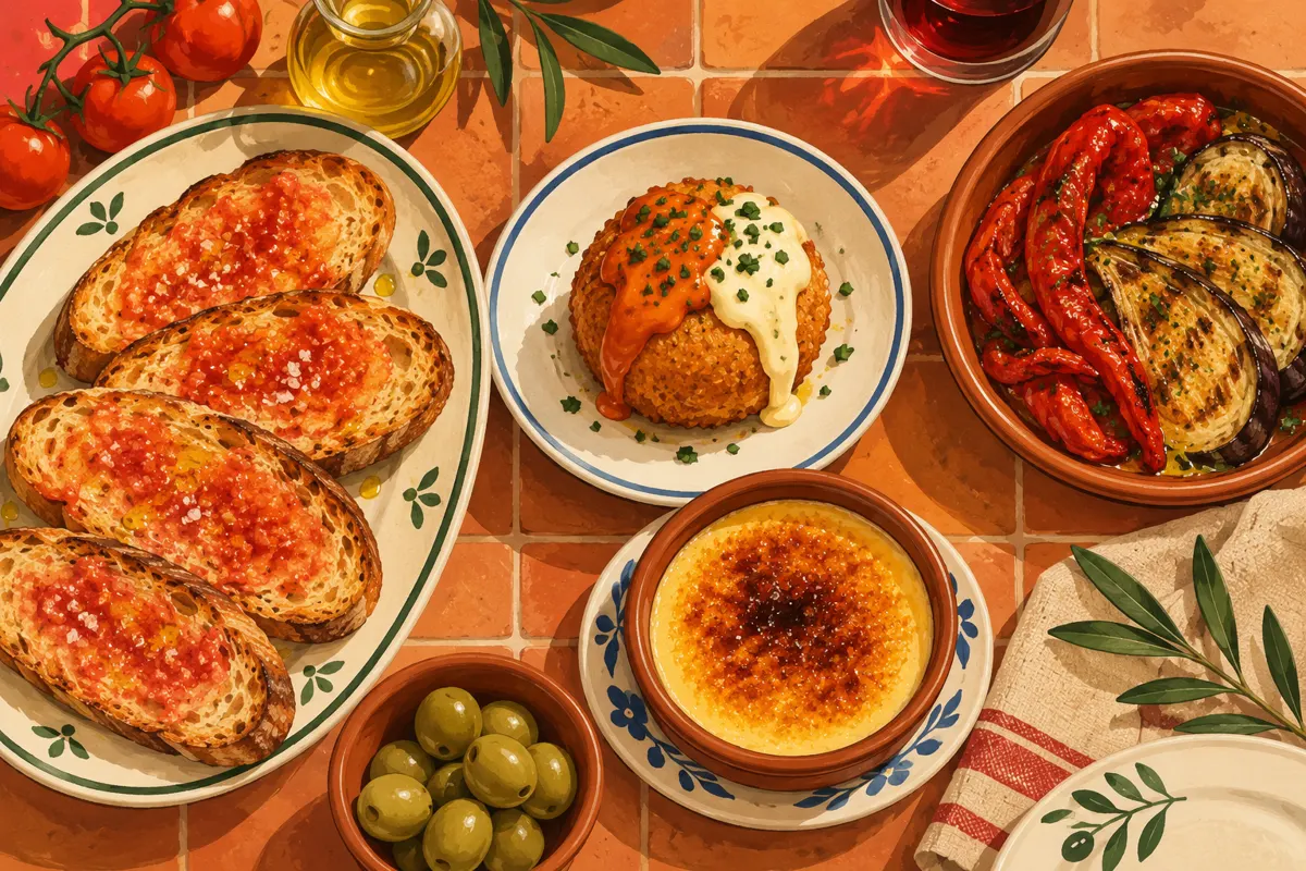 Ilustracja katalońskich dań: chleba z pomidorem, bomby ziemniaczanej, escalivady i crema catalana