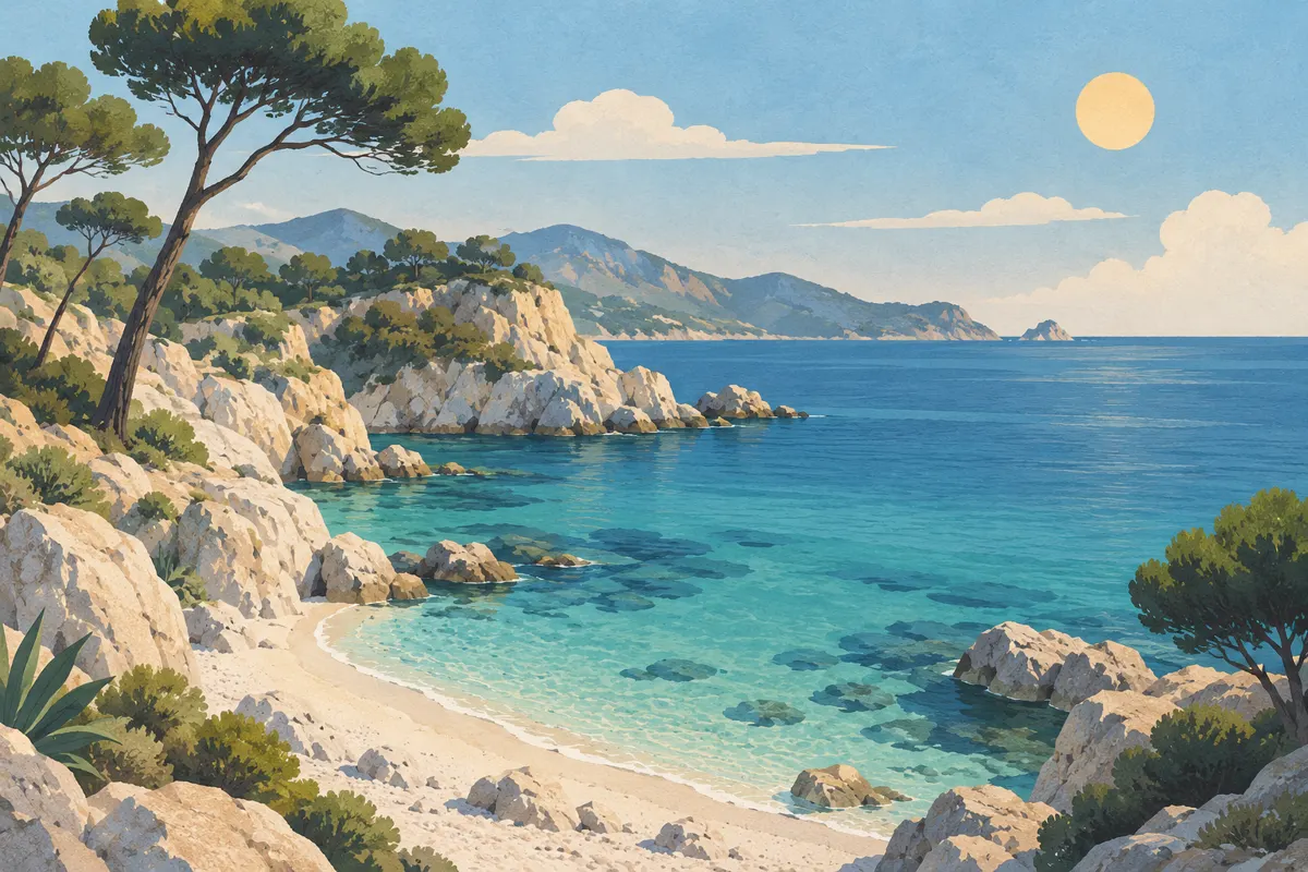 Ilustracja skalistego wybrzeża z plażą i sosnami przy słonecznej pogodzie