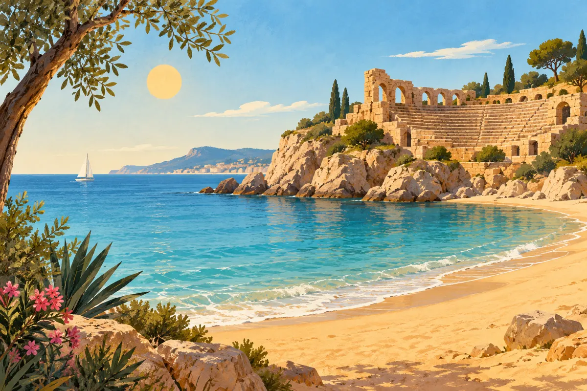 Ilustracja piaszczystej plaży i rzymskiego amfiteatru nad Morzem Śródziemnym.