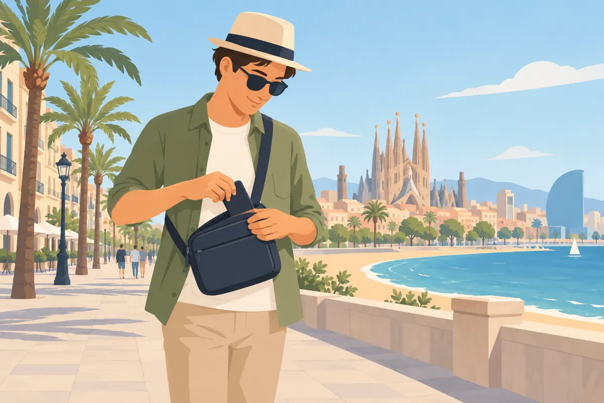 Ilustracja turysty zabezpieczającego telefon w zamkniętej torbie podczas spaceru po Barcelonie
