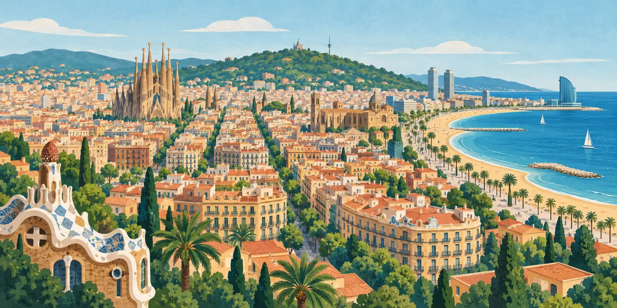 Ilustracja zróżnicowanej zabudowy Barcelony, zielonego wzgórza i plaży nad morzem.