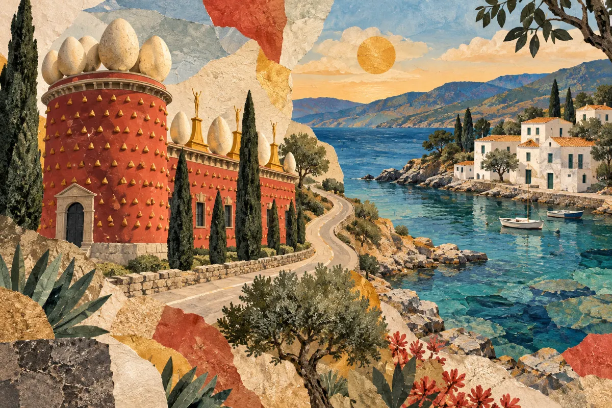 Malarska ilustracja dwóch etapów wycieczki śladami Dalego: Figueres i nadmorskiego Portlligat.