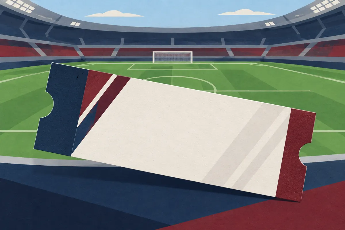 Ilustracja biletu na mecz piłkarski z trybuną i boiskiem w tle