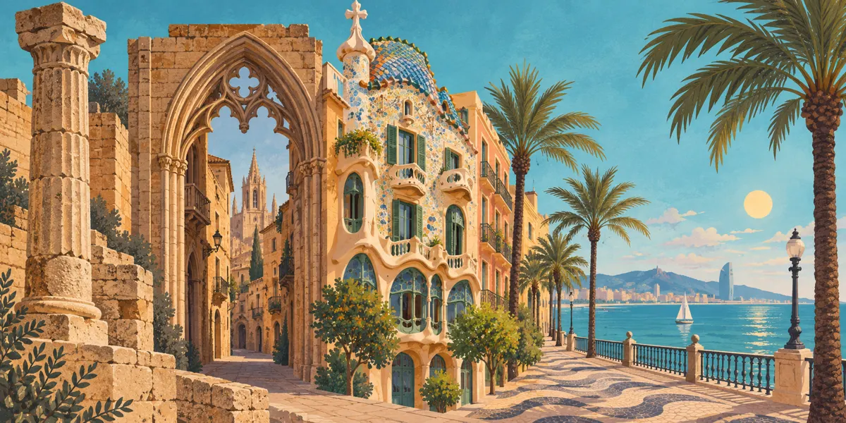 Ilustracja historii Barcelony od rzymskiego Barcino przez gotyk i modernizm po współczesne nabrzeże.