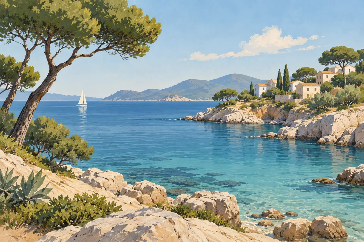 Ilustracja skalistego wybrzeża Costa Brava z zatoką, sosnami i jasnymi domami.