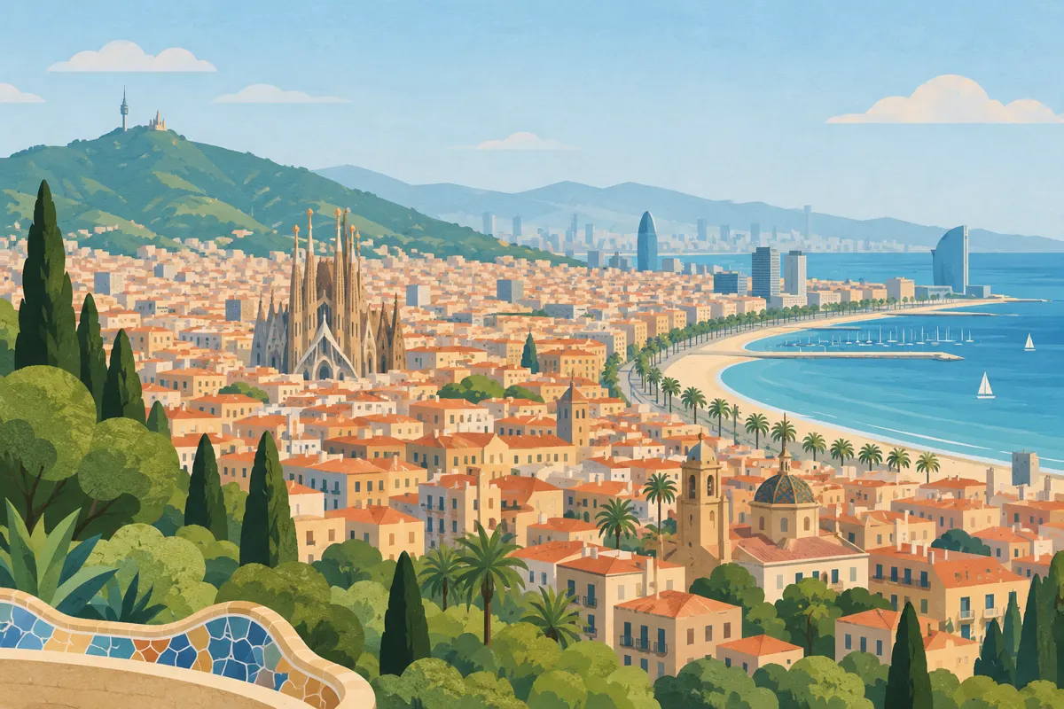 Ilustracja zwartej nadmorskiej zabudowy Barcelony z wzgórzami w tle