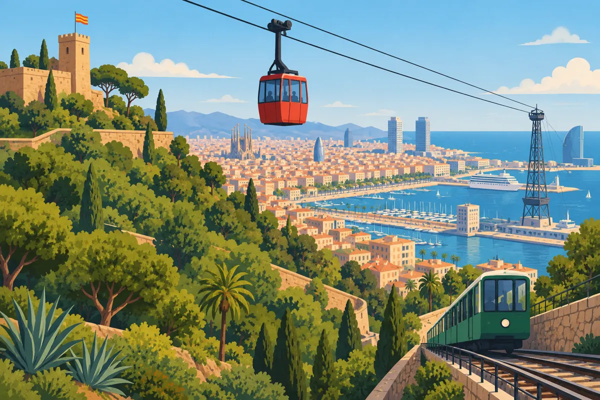 Ilustracja gondoli na Montjuïc, kolejki nad portem i szynowego funicularu w Barcelonie