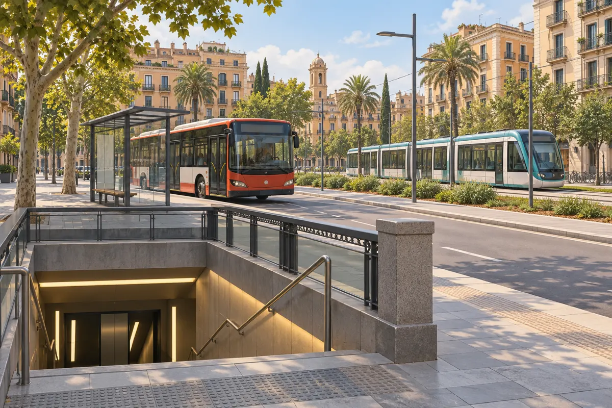 Wejście do metra, autobus i tramwaj jako środki komunikacji miejskiej w Barcelonie
