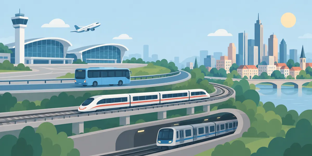 Ilustracja terminali lotniska i różnych środków transportu do miasta
