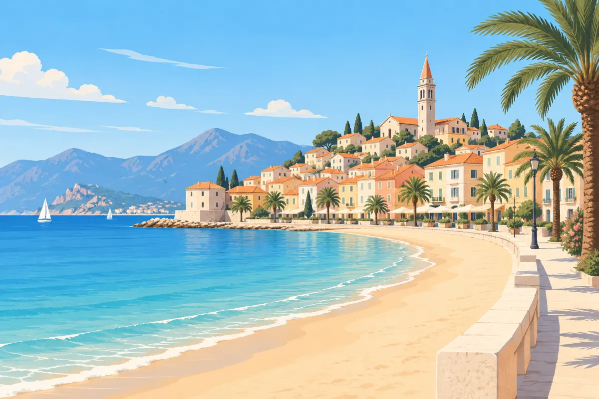 Ilustracja nadmorskiego krajobrazu z plażą, promenadą i zabudową inspirowaną Malgrat de Mar