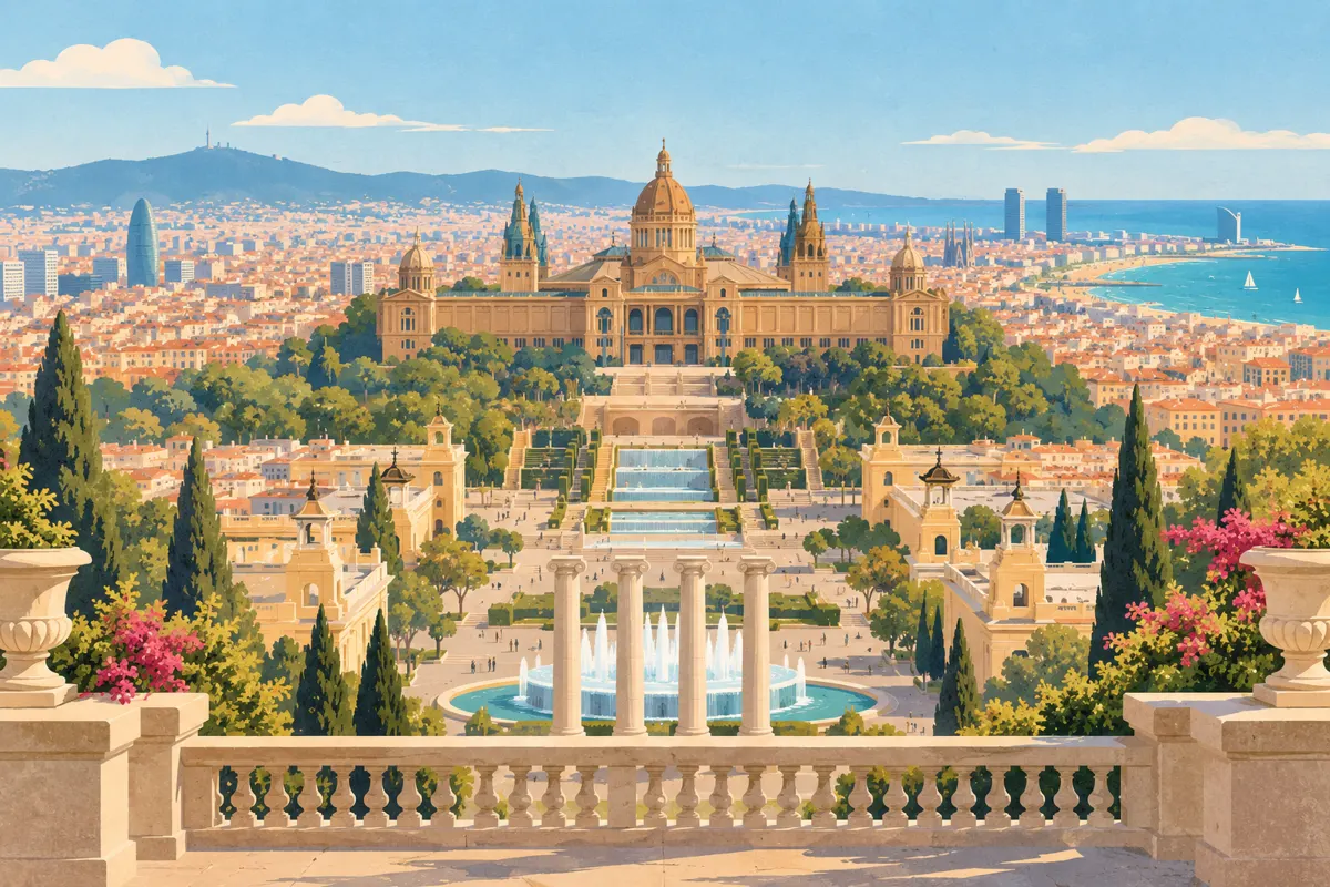 Ilustracja MNAC w Palau Nacional z tarasem i panoramą Barcelony