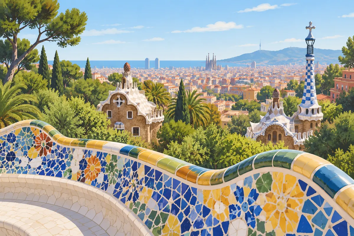 Falująca ławka z kolorową mozaiką na Plaça de la Natura w Parku Güell, z zielenią i panoramą Barcelony w tle