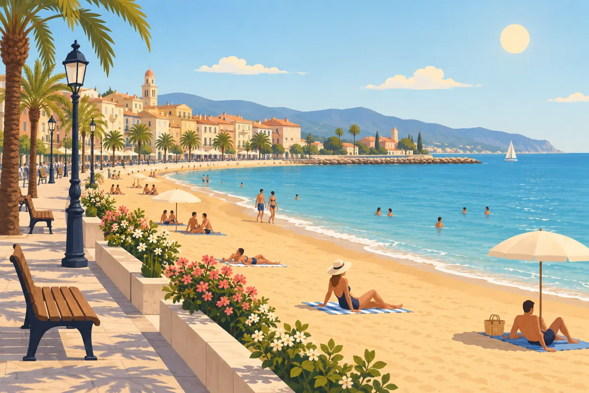 Ilustracja miejskiej plaży z promenadą i morzem