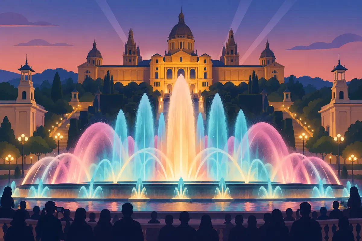 Ilustracja kolorowych strumieni Magicznej Fontanny na tle Palau Nacional w Barcelonie