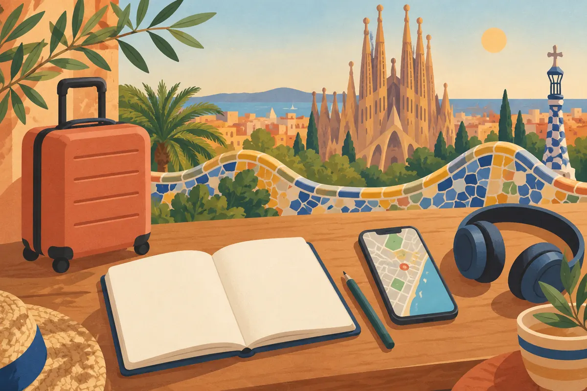 Przygotowania do wyjazdu do Barcelony: walizka, mapa w telefonie i słuchawki na tle motywów architektury Gaudíego.