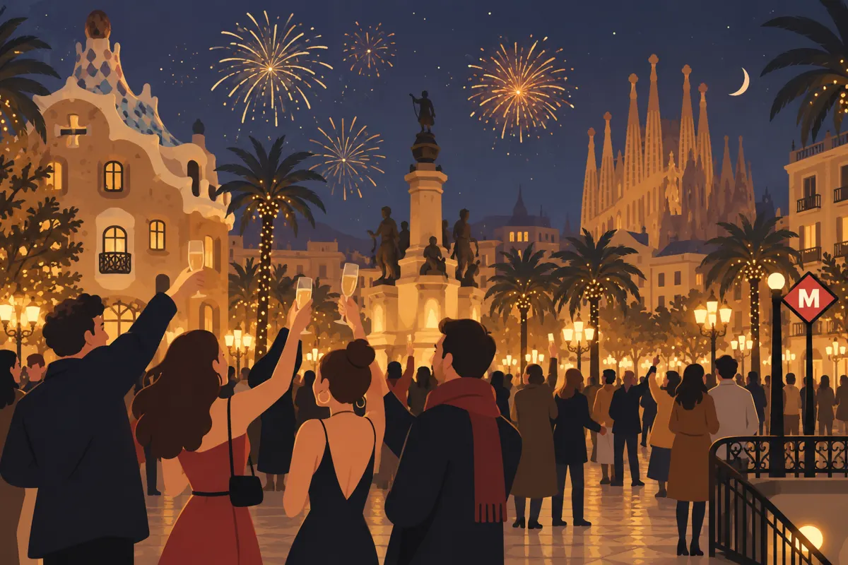 Ilustracja osób świętujących sylwestra w Barcelonie w pobliżu metra