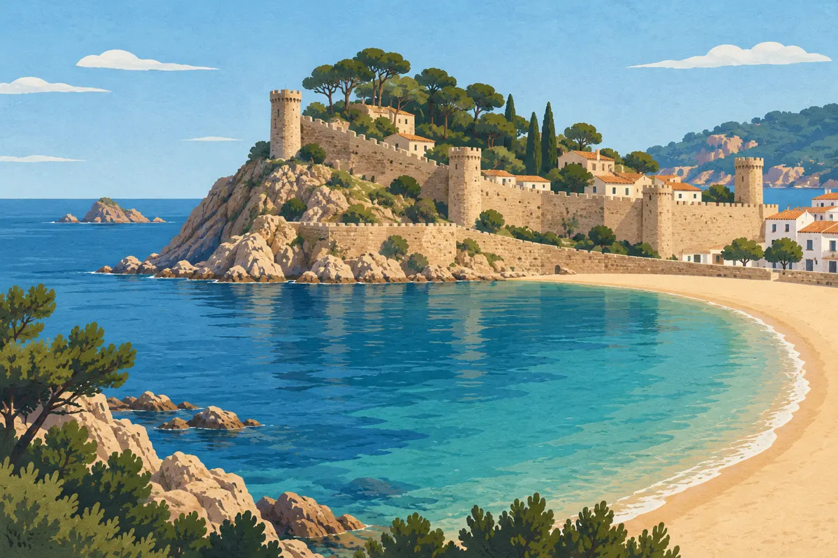 Ilustracja plaży i zatoki Tossa de Mar z fortyfikacjami Vila Vella na wzgórzu.